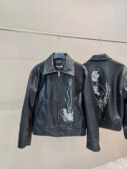 ERD Vintage Black Embroidered PU Leather Jacket