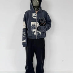 ERD Inspired Washed Black Fleece Kangaroo Zip Hoodie