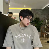 NOAH BWCJ Summer Matcha Grey Cross Trendy Brand Heavy Cotton Casual Loose Couple Short sleeved T-shirt for Men and Women
