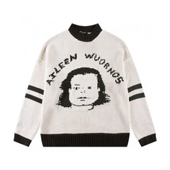 ERD Inspired Cartoon Portrait Jacquard Beige Knit Sweater