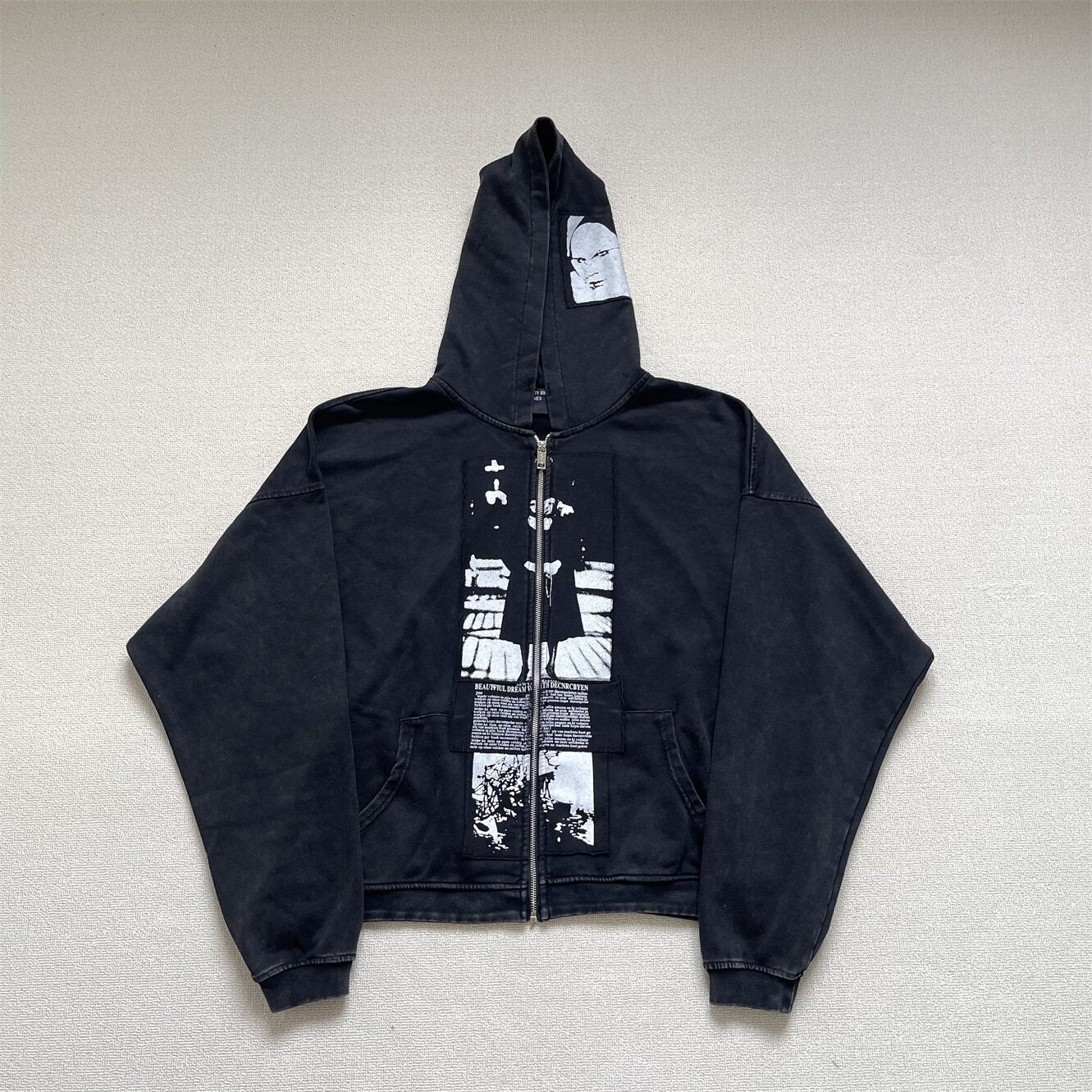 ERD Vintage Washed Black Patchwork Zip Up Hoodie