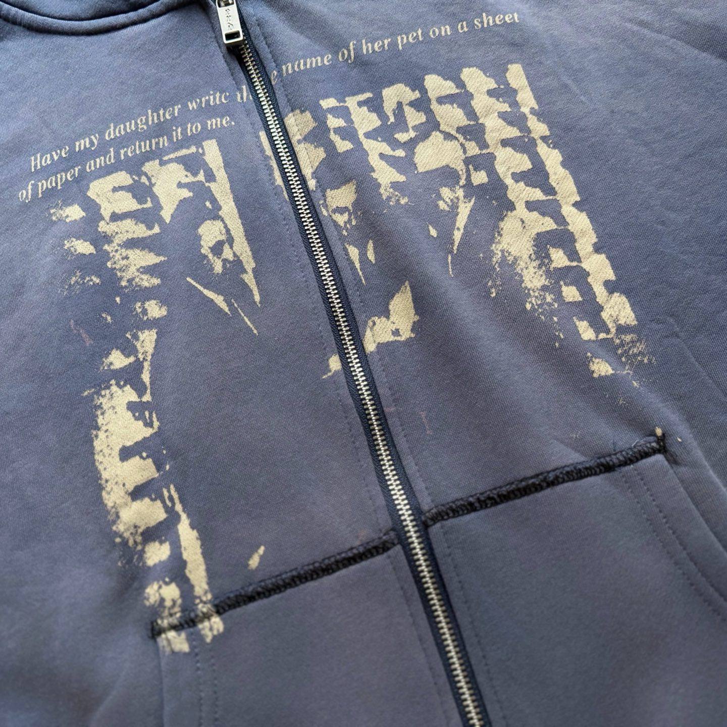 ERD Washed Distressed Graphic Zip Up Hoodie