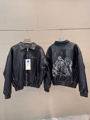 ERD Premium Embroidered Sheepskin Leather Cropped Biker Jacket