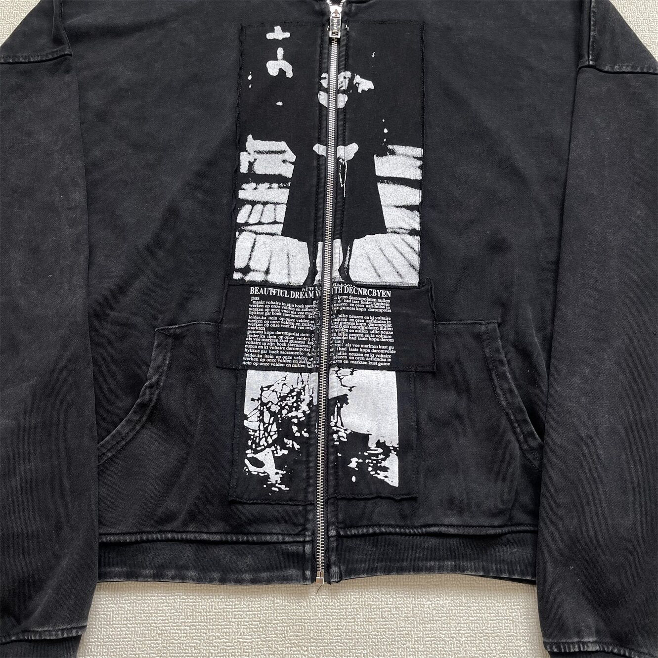 ERD Vintage Washed Black Patchwork Zip Up Hoodie