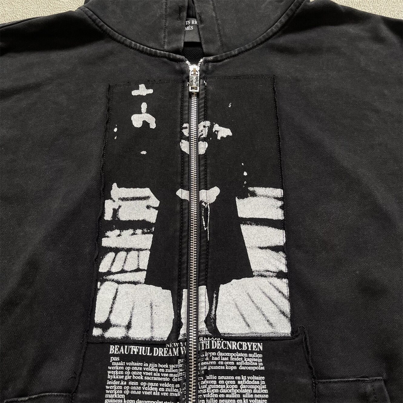 ERD Vintage Washed Black Patchwork Zip Up Hoodie