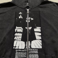 ERD Vintage Washed Black Patchwork Zip Up Hoodie