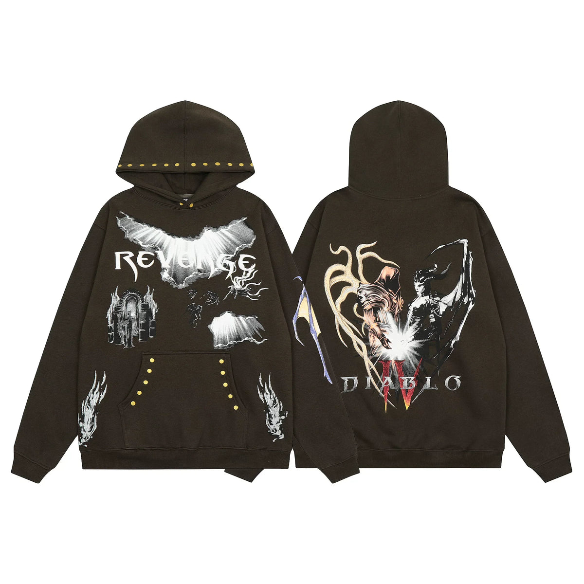 Revenge x Diablo IV Brown Studded Arch Logo & Characters Pullover Hoodie