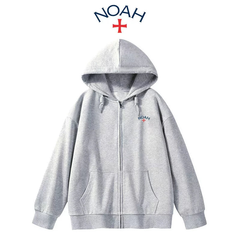 NOAH潮牌灰色印花小标十字架连帽加绒秋冬情侣开衫拉链外套男女