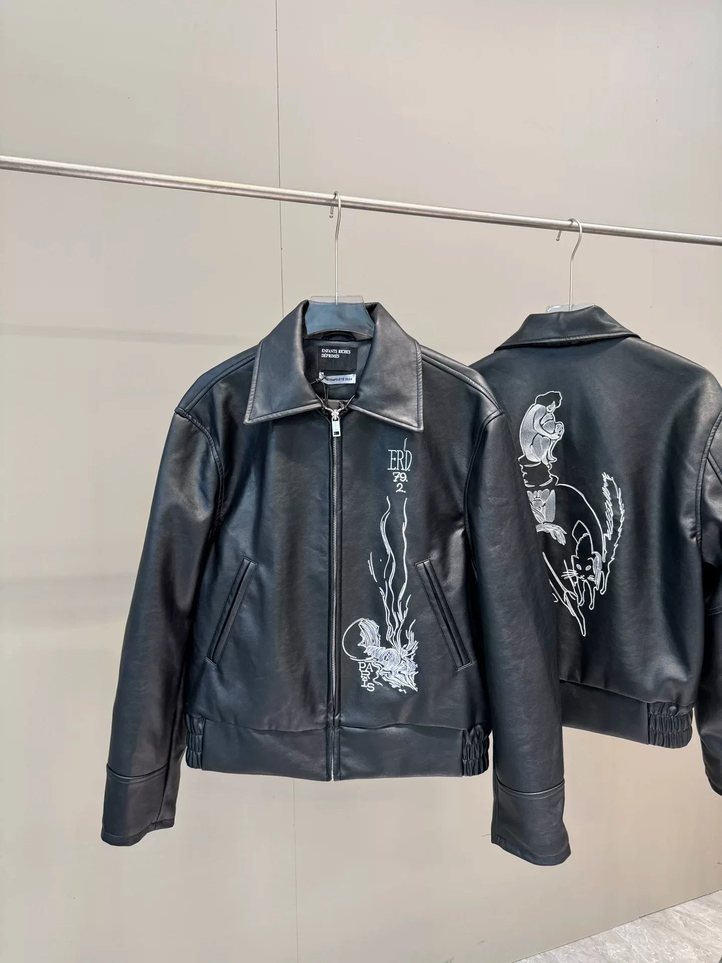 ERD Vintage Black Embroidered PU Leather Jacket