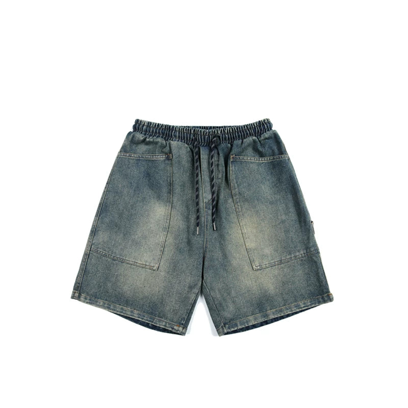 GcBrand SS25 retro basic style washed and worn large pocket gradient drawstring denim shorts for men