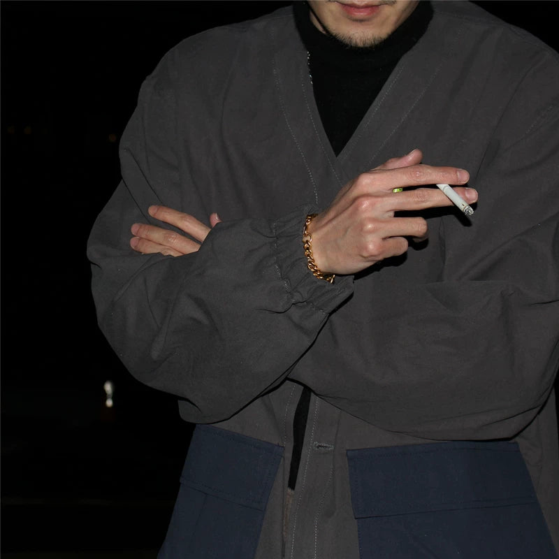 GcBrand Lab SS23 Japanese retro casual collarless jacket men's and women's trendy workwear color blocked jacket