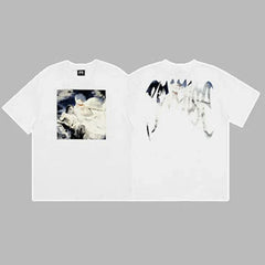 Revenge Silver & Blue Gradient Arch Logo & Classical Art Photo Graphic Short Sleeve T-Shirt White