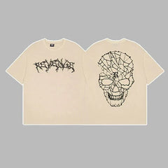 Revenge Arch Logo & Geometric Shattered Skull Graphic Short Sleeve T-Shirt  Beige