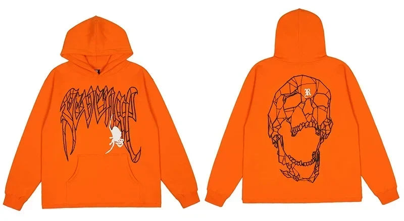 Revenge Orange Geometric Spider Skull Arch Logo Pullover Hoodie