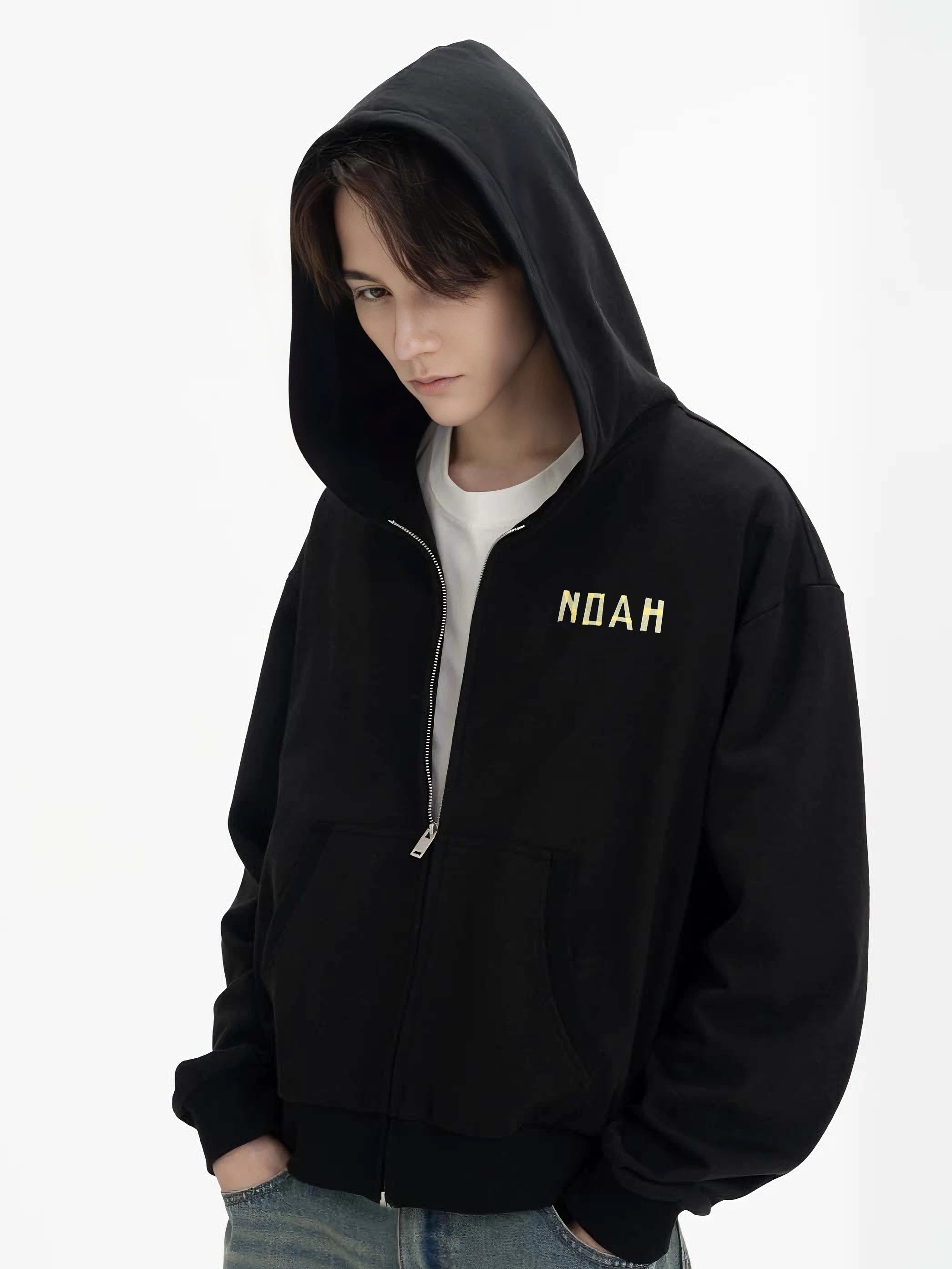 NOAH MARS niche trend brand origami splicing autumn hooded sweatshirt looped cardigan trendy zipper jacket for men