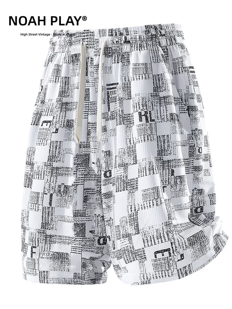 NOAH PLAY Summer Folded Texture Letter Full Print Shorts Men's Ice Silk Loose Wide Leg Casual Pants Trendy