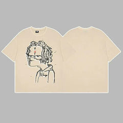 Revenge Outline Cartoon Portrait Graphic Short Sleeve T-Shirt Beige
