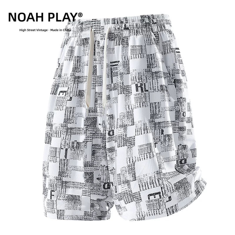 NOAH PLAY Summer Folded Texture Letter Full Print Shorts Men's Ice Silk Loose Wide Leg Casual Pants Trendy