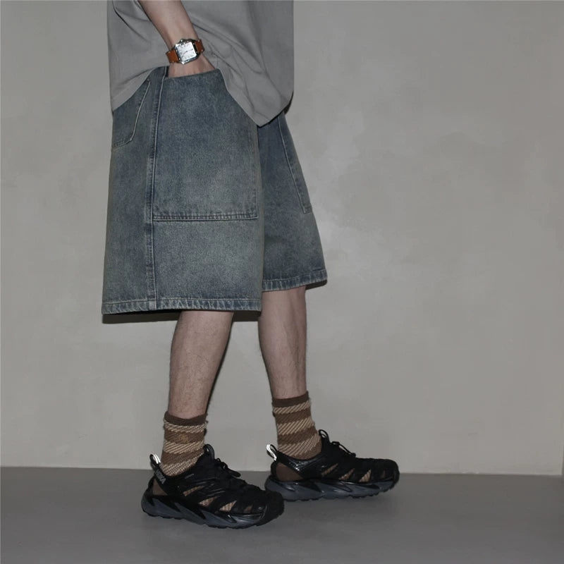 GcBrand SS25 retro basic style washed and worn large pocket gradient drawstring denim shorts for men