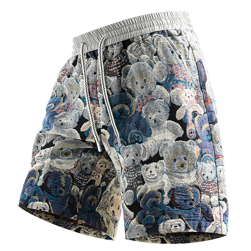 NOAH PLAY Summer Trendy Bear Jacquard Shorts Men's Loose Five Leg Shorts Retro Cartoon Casual Sports Pants