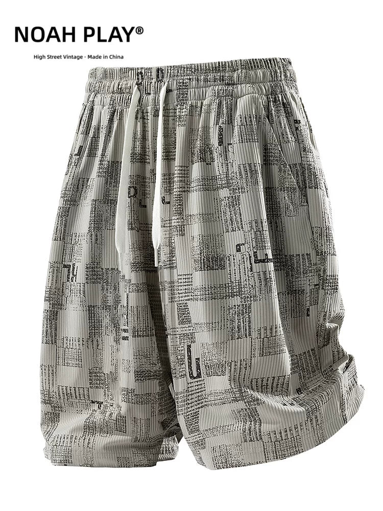 NOAH PLAY Summer Folded Texture Letter Full Print Shorts Men's Ice Silk Loose Wide Leg Casual Pants Trendy