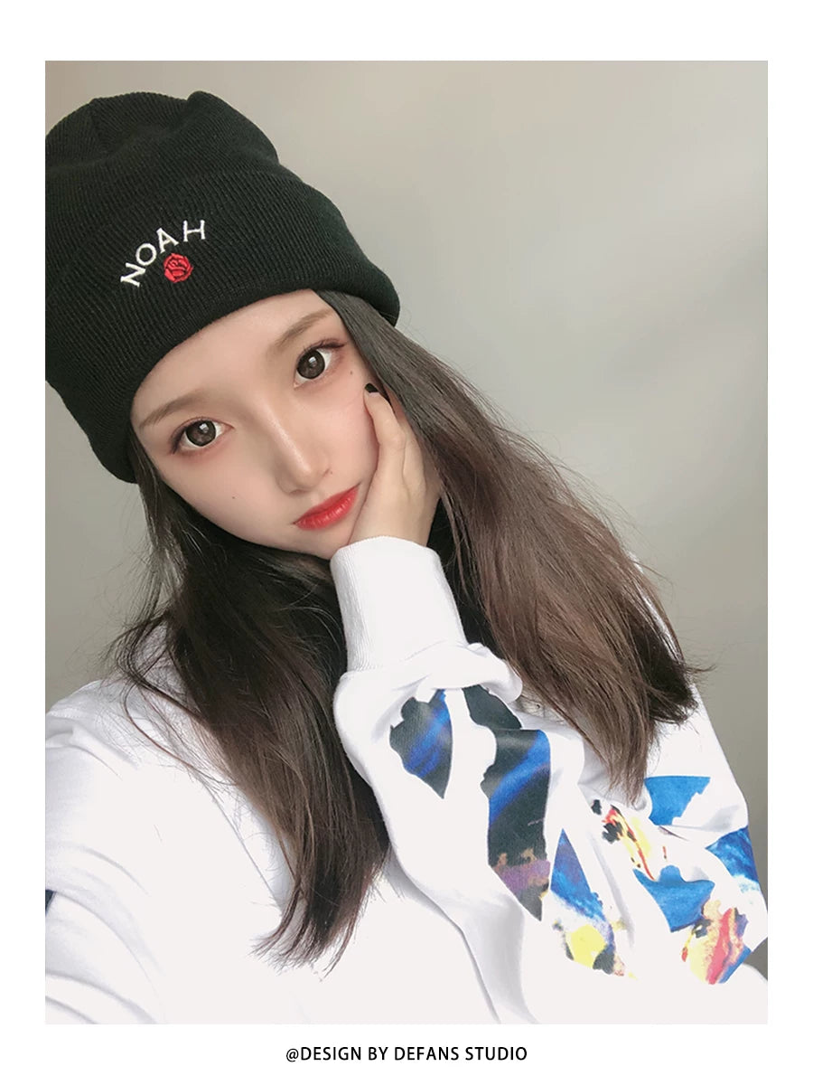 Defans trendy hip-hop cold hat NOAH rose embroidery men's and women's versatile warm knitted woolen hat with toe cap