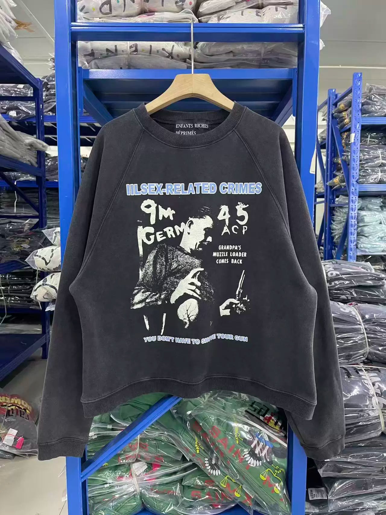 ERD Inspired Slogan Washed Black Fleece Raglan Sweatshirt