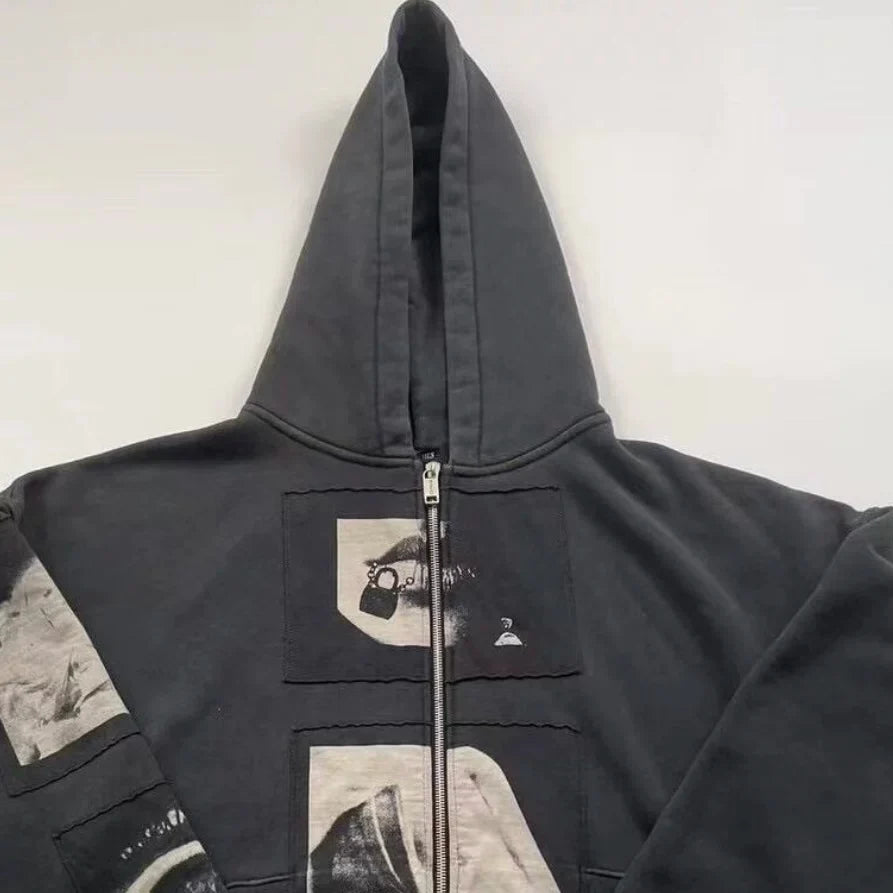 ERD Inspired Washed Black Fleece Kangaroo Zip Hoodie