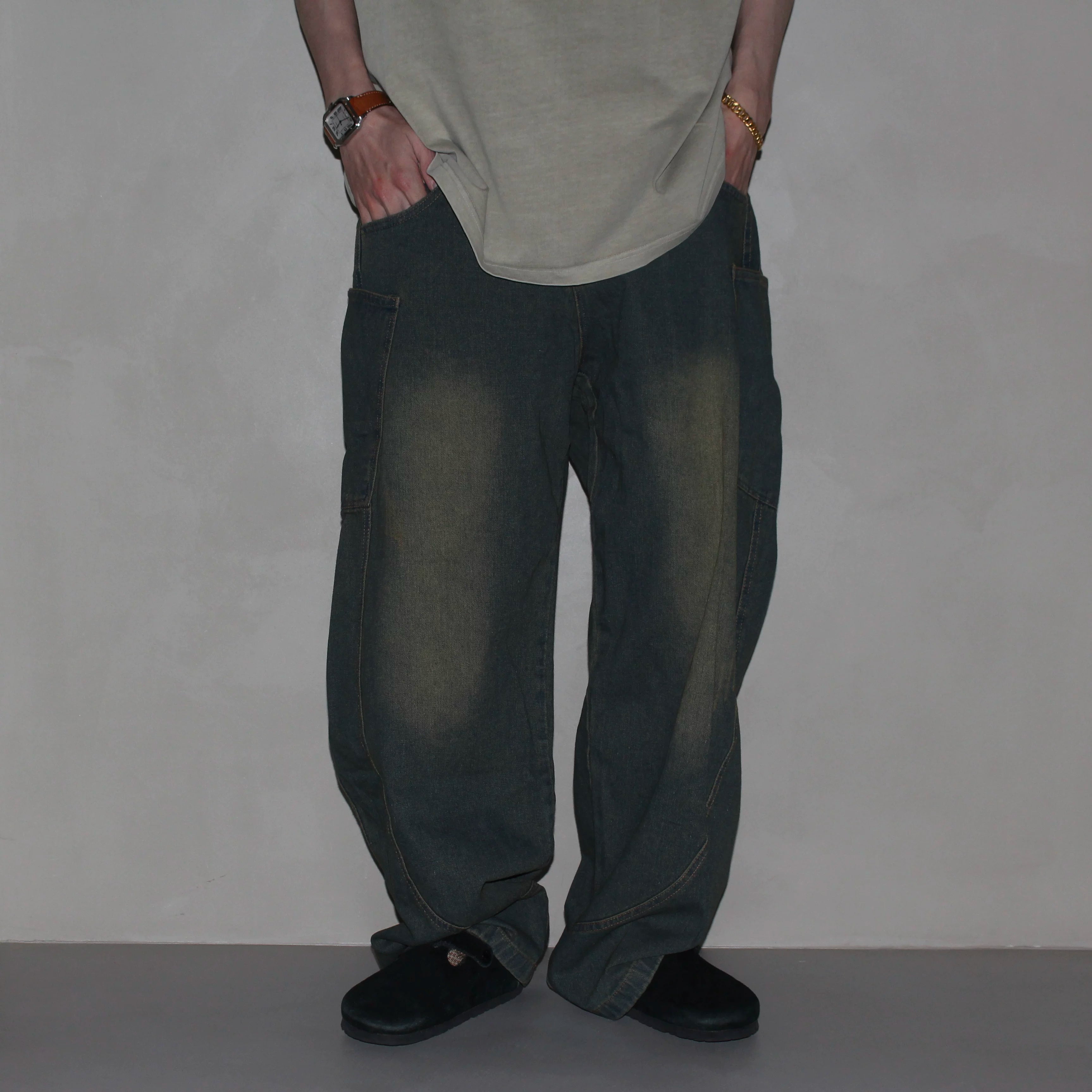 GcBrand Lab SS25 basic washed distressed design curved denim jeans
