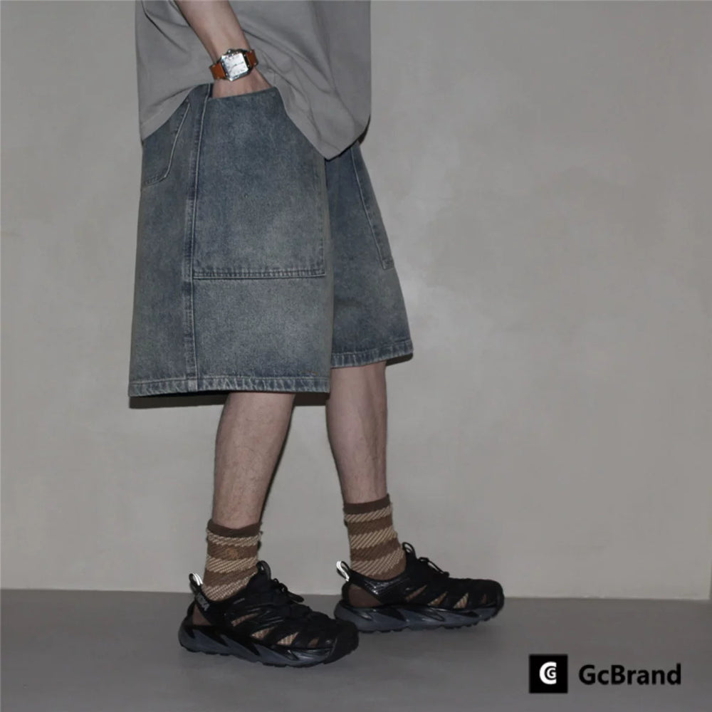 GcBrand SS25 retro basic style washed and worn large pocket gradient drawstring denim shorts for men