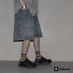 GcBrand SS25 retro basic style washed and worn large pocket gradient drawstring denim shorts for men