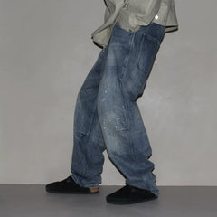 GcBrand Lab retro themed elements knee fold design Japanese washed distressed splashed ink jeans