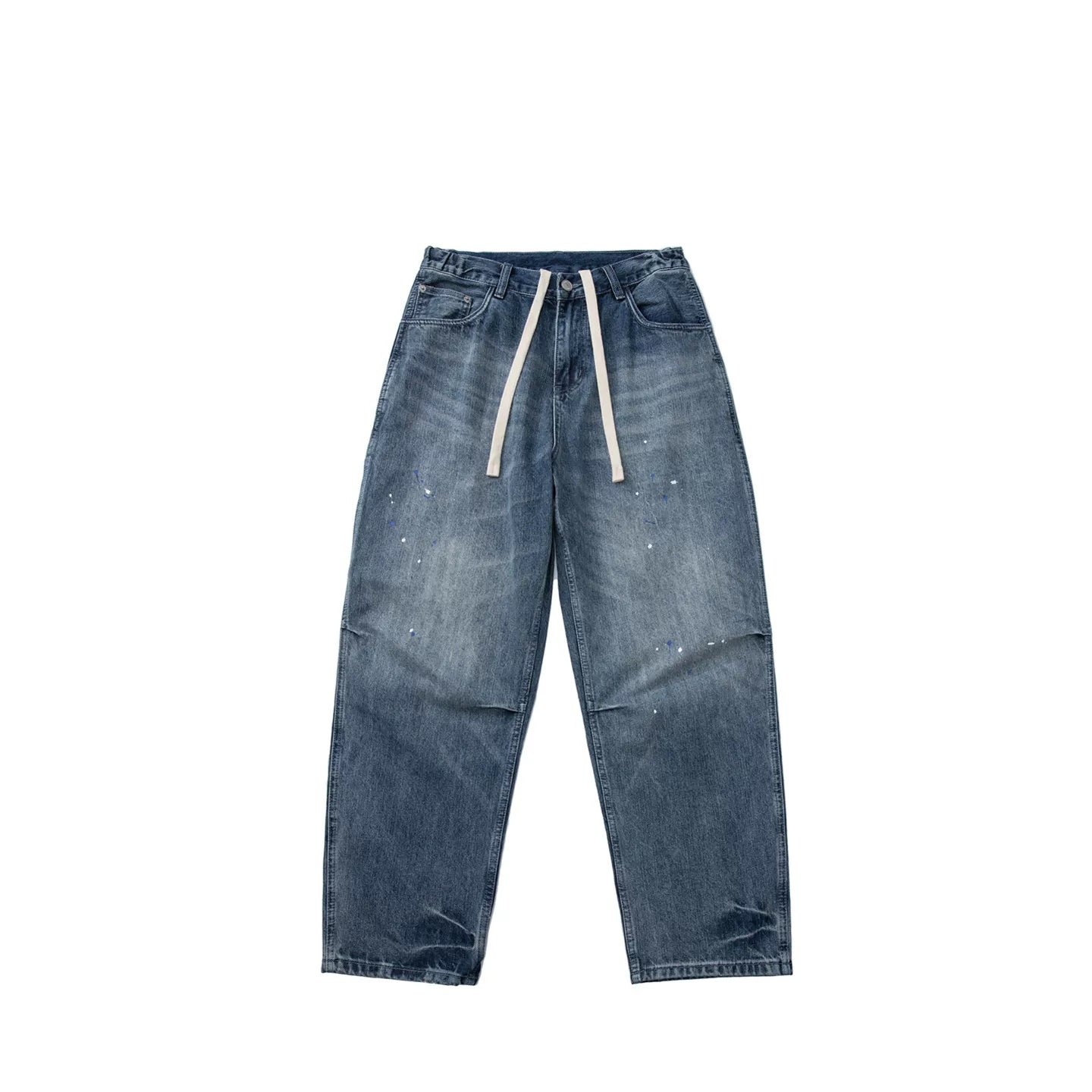 GcBrand Lab retro themed elements knee fold design Japanese washed distressed splashed ink jeans