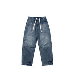 GcBrand Lab retro themed elements knee fold design Japanese washed distressed splashed ink jeans