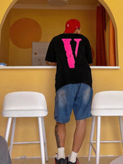 VLONE BWCJ Rose Red Big V Printed American Trendy Brand Loose Couple Pure Cotton Casual Summer Short sleeved T-shirt for Men and Women