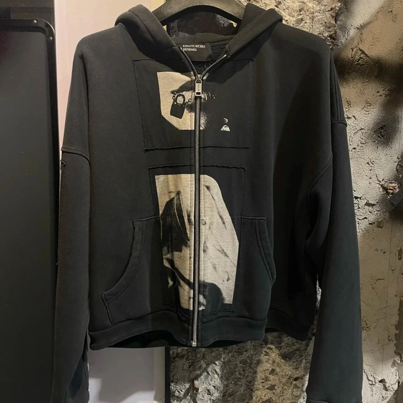 ERD Inspired Washed Black Fleece Kangaroo Zip Hoodie