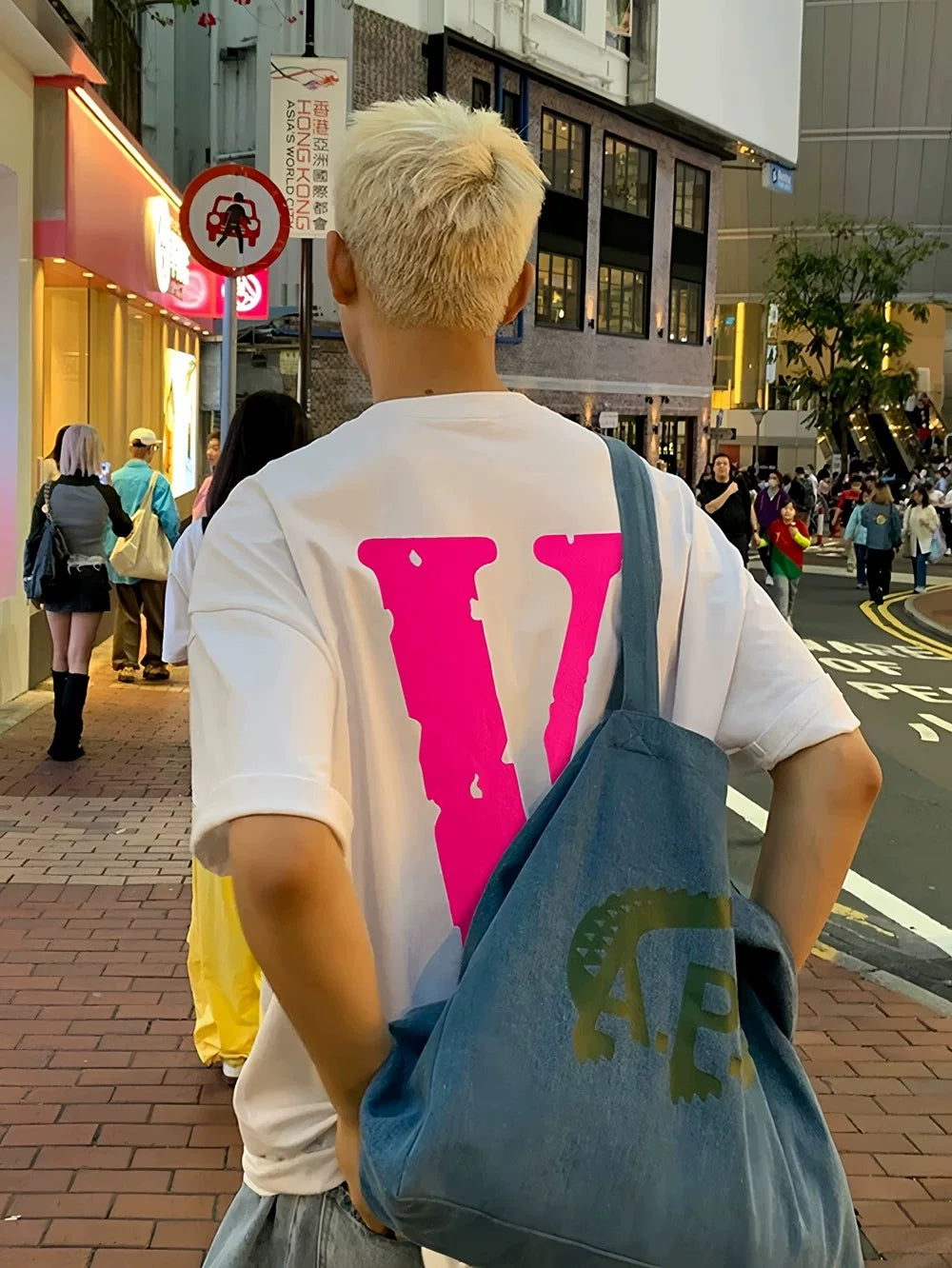VLONE BWCJ Rose Red Big V Printed American Trendy Brand Loose Couple Pure Cotton Casual Summer Short sleeved T-shirt for Men and Women