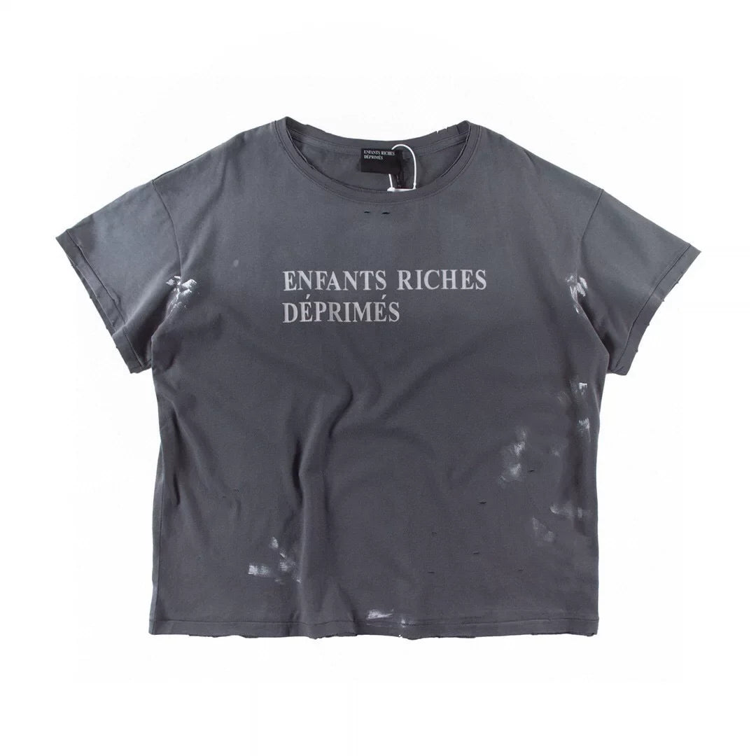 ERD Inspired Punk Slogan Distressed Washed Grey Tee