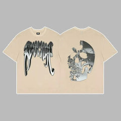 Revenge Silver Metallic Arch Logo & Skull Graphic Short Sleeve T-Shirt (Beige)