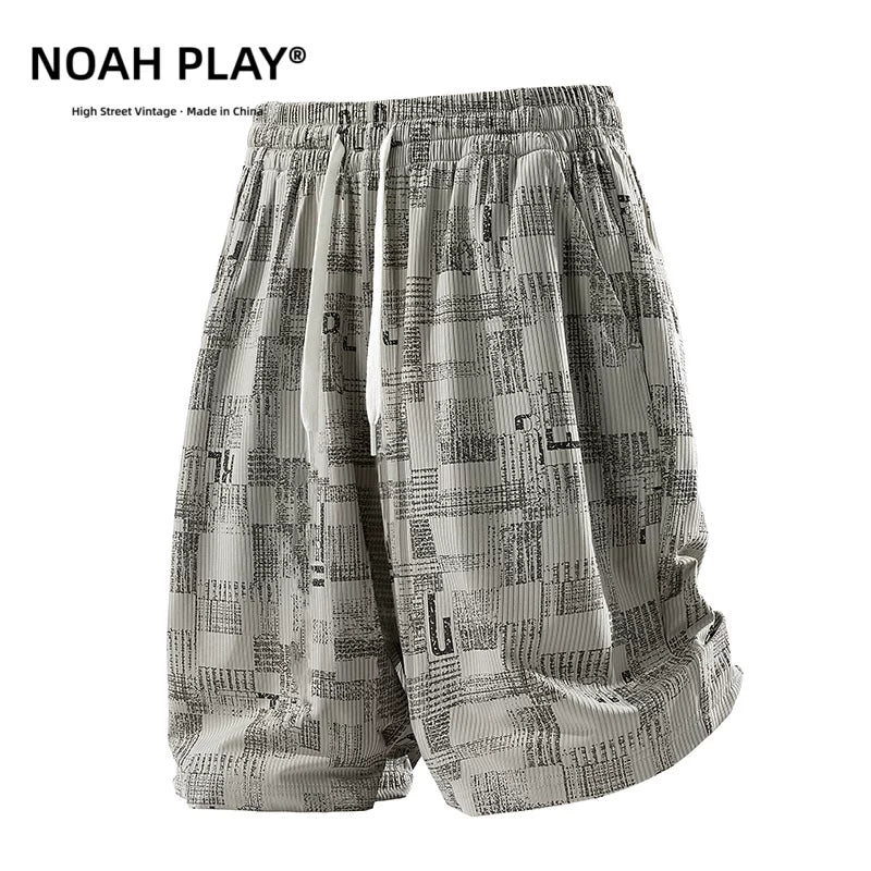 NOAH PLAY Summer Folded Texture Letter Full Print Shorts Men's Ice Silk Loose Wide Leg Casual Pants Trendy