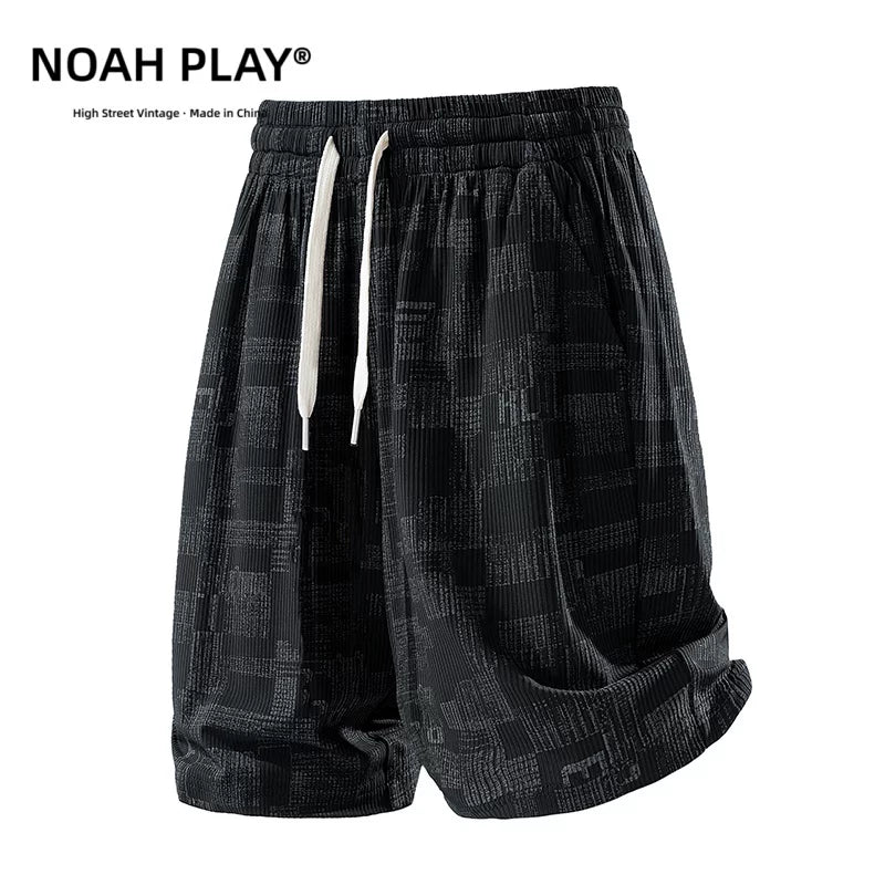 NOAH PLAY Summer Folded Texture Letter Full Print Shorts Men's Ice Silk Loose Wide Leg Casual Pants Trendy