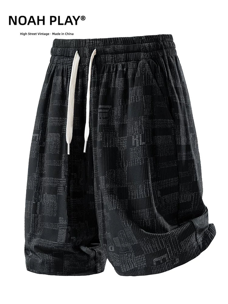 NOAH PLAY Summer Folded Texture Letter Full Print Shorts Men's Ice Silk Loose Wide Leg Casual Pants Trendy