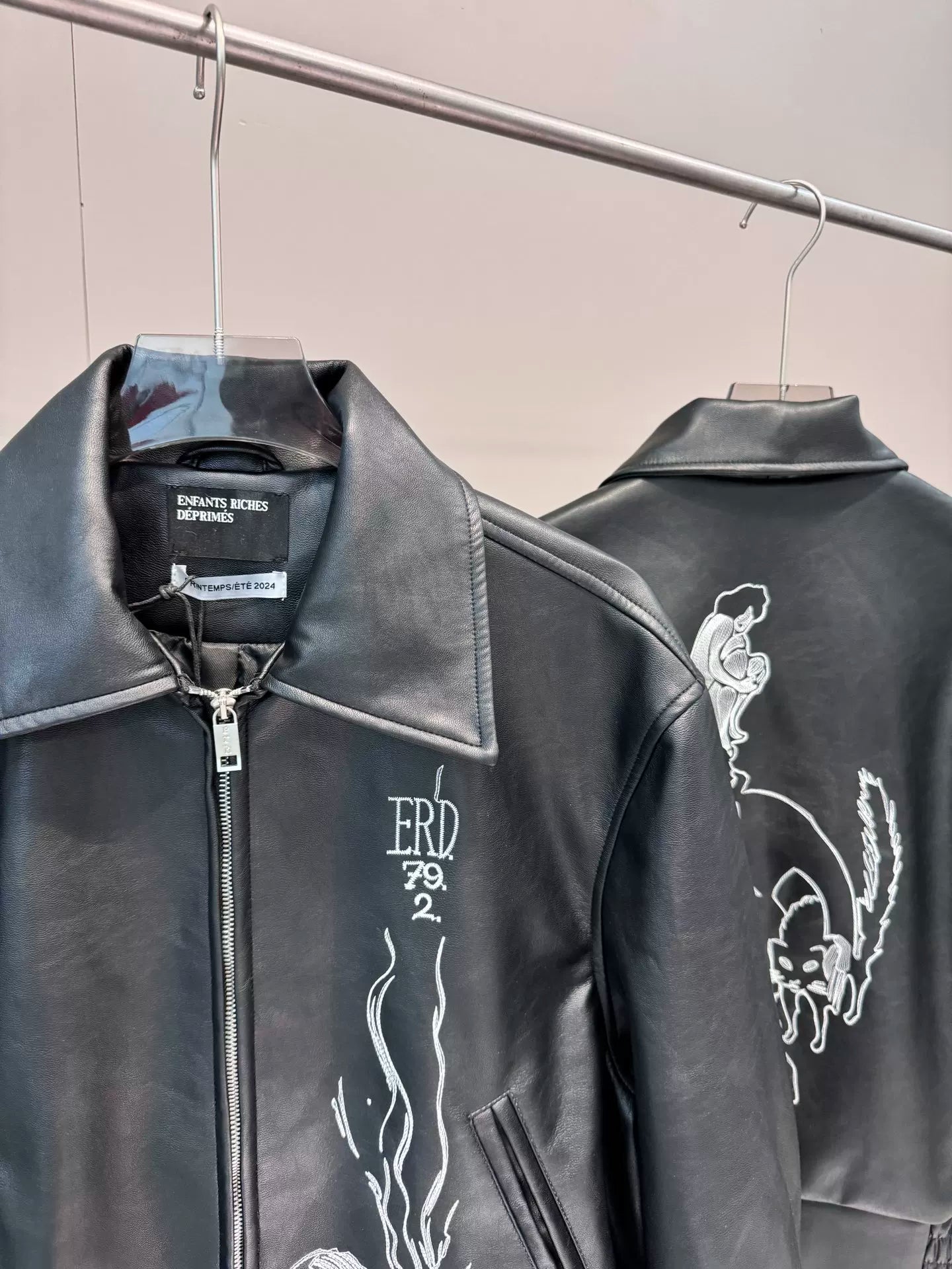 ERD Vintage Black Embroidered PU Leather Jacket