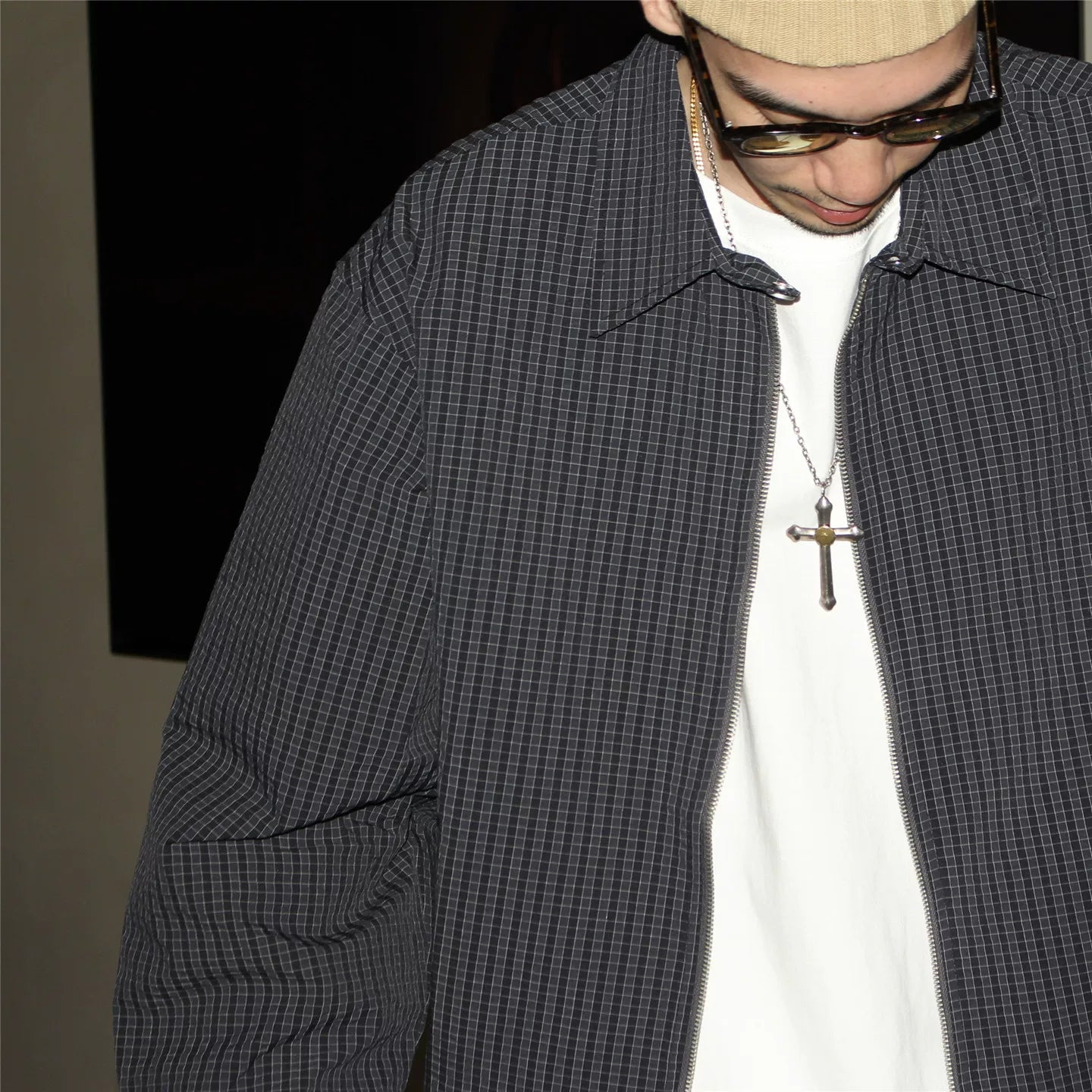 GcBrand Lab Jacket Retro Basic Japanese Simple Casual Collar Jacket Checkered Coat Trendy
