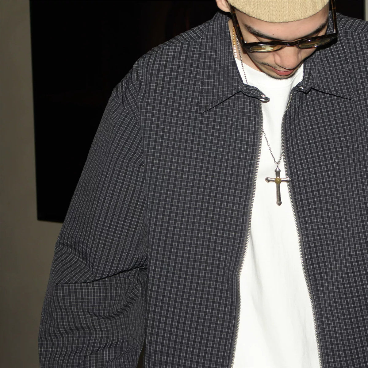 GcBrand Lab Jacket Retro Basic Japanese Simple Casual Collar Jacket Checkered Coat Trendy