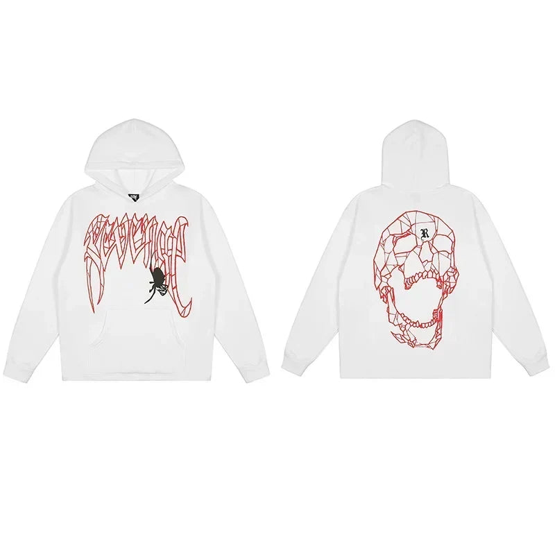Revenge White Geometric Spider Skull Arch Logo Pullover Hoodie