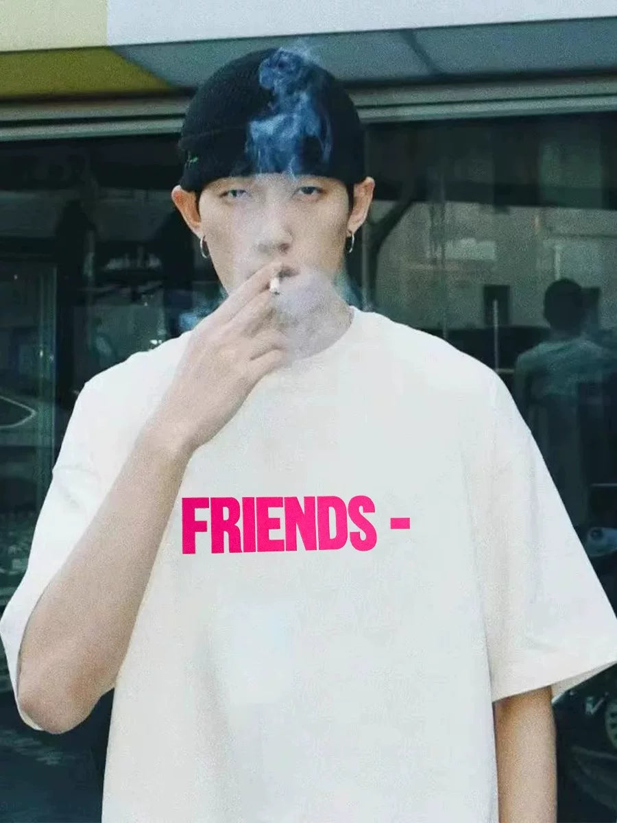 VLONE BWCJ Rose Red Big V Printed American Trendy Brand Loose Couple Pure Cotton Casual Summer Short sleeved T-shirt for Men and Women