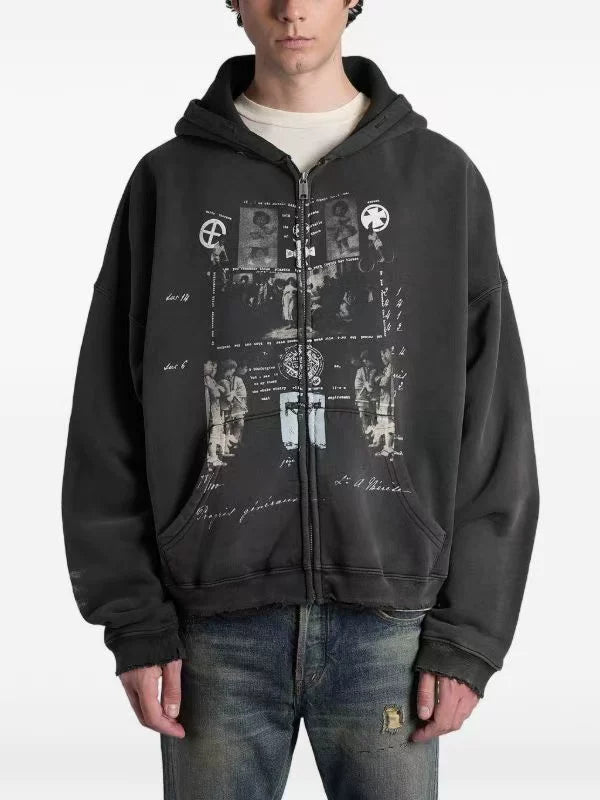 ERD Inspired Slogan Washed Black Zip Hoodie Coat