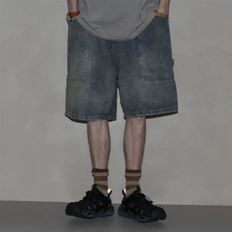 GcBrand SS25 retro basic style washed and worn large pocket gradient drawstring denim shorts for men