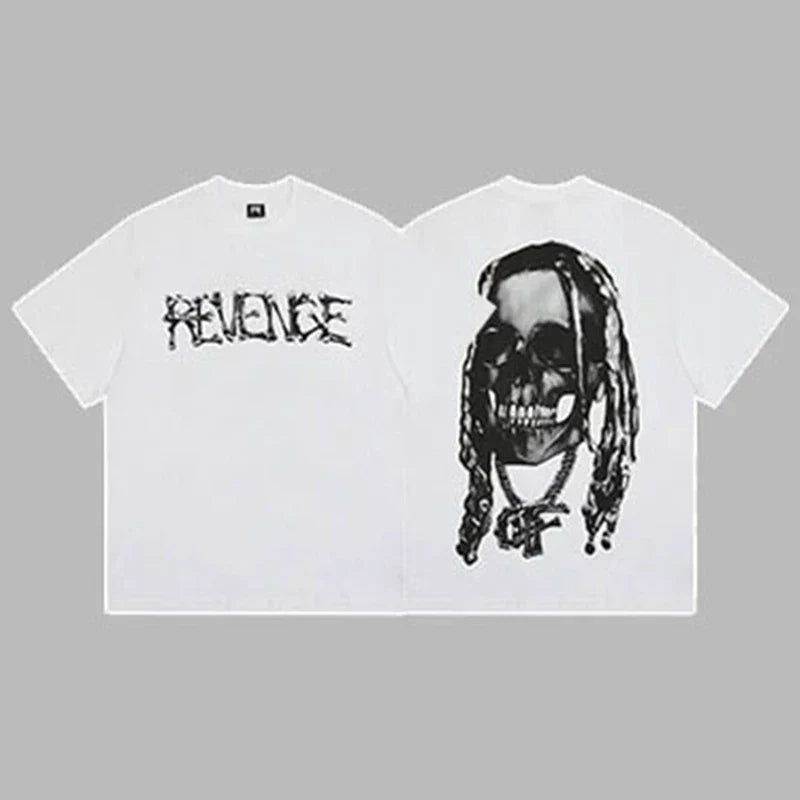 Revenge White Arch Logo & Dreadlocks Skull Graphic Short Sleeve T-Shirt White